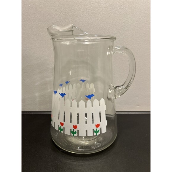 Libbey Glass Pitcher White Fence, Blue Birds and Red Flowers Backyard Picnic - Picture 1 of 6